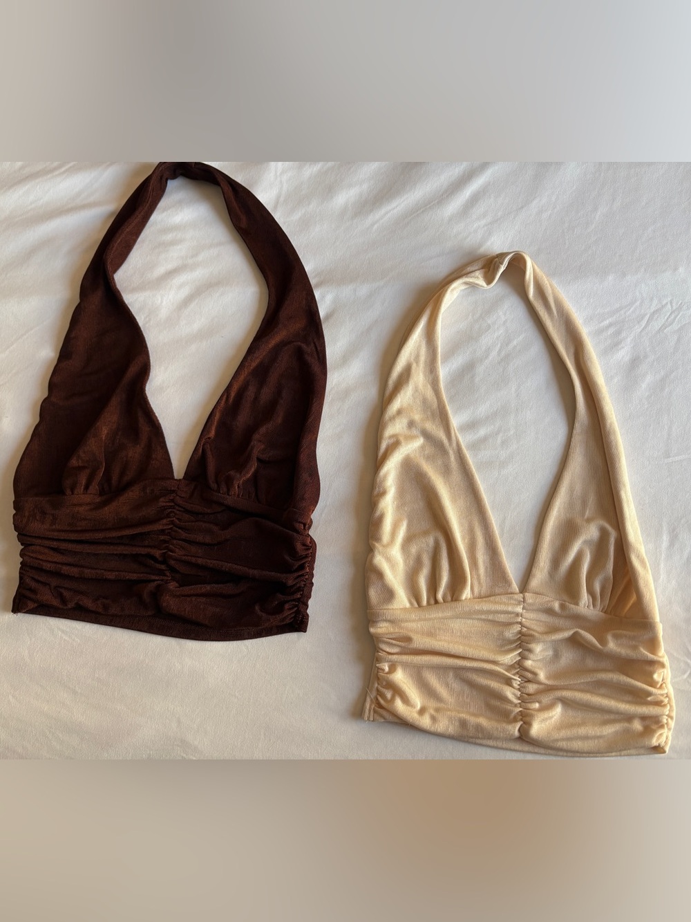 Mixed Threads Bundle 2 Ruched Halter Crop Tops Deep V Neck Brown Cream